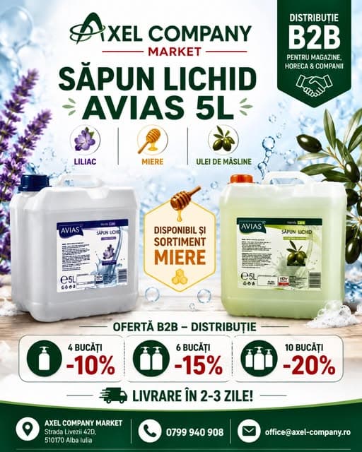 Ofertă B2B săpun lichid AVIAS 5L — 4 buc −10%, 6 buc −15%, 10 buc −20%