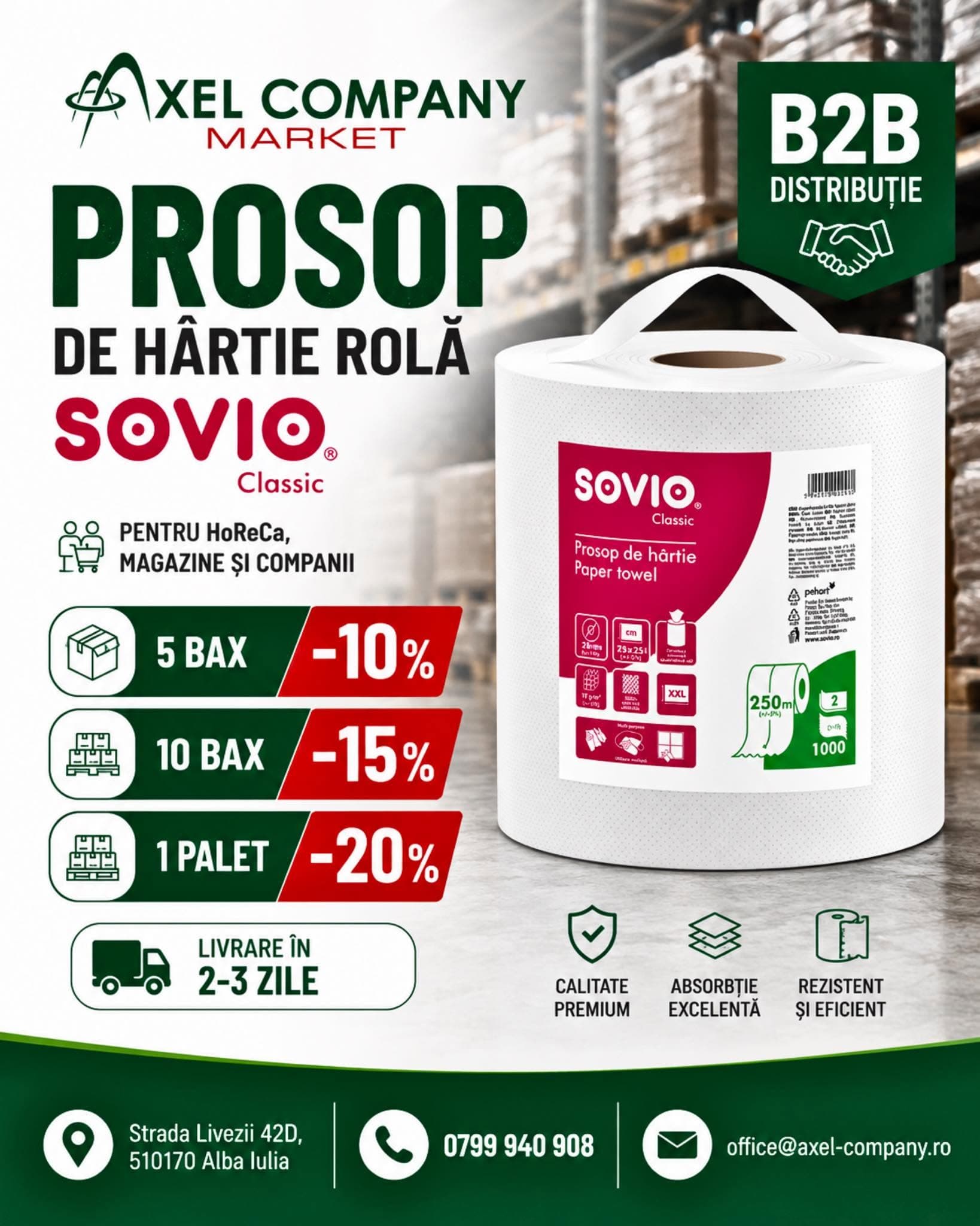 Ofertă B2B prosop de hârtie rolă SOVIO Classic — 5 baxuri −10%, 10 baxuri −15%, 1 palet −20%